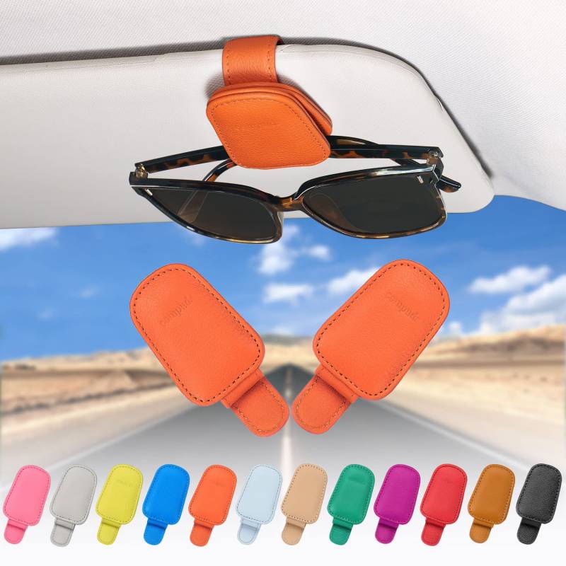 quipuda 2 Pack Brillenhalter für Auto Sonnenblende,Echt Leder Auto Visier Zubehör Sonnenbrillen Halterung Magnetische Sonnenbrillenhalter Ticket Clip（Orange） von quipuda