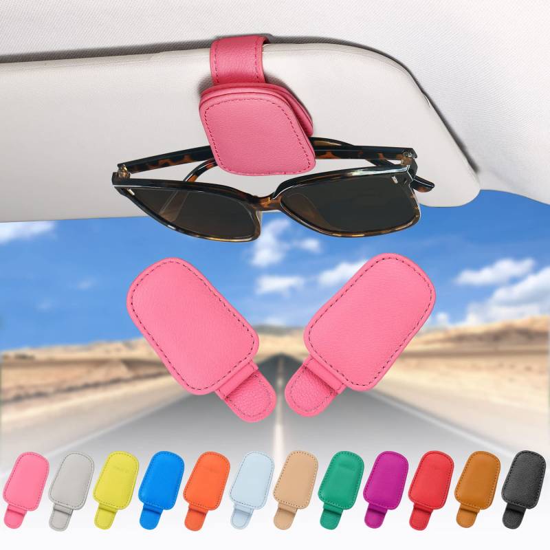 quipuda 2 Pack Brillenhalter für Auto Sonnenblende,Echt Leder Auto Visier Zubehör Sonnenbrillen Halterung Magnetische Sonnenbrillenhalter Ticket Clip（Rosa） von quipuda