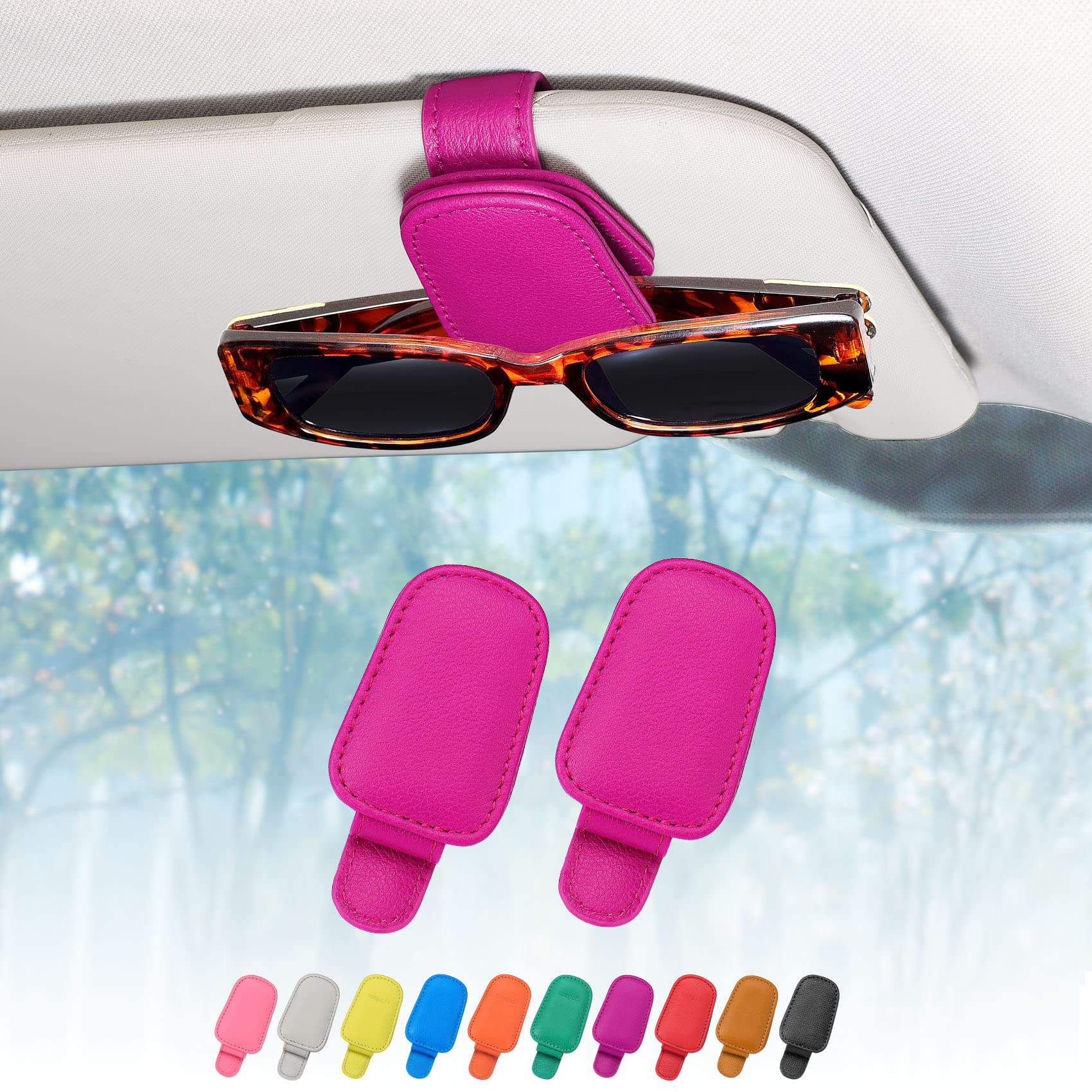 quipuda 2 Pack Brillenhalter für Auto Sonnenblende,Echt Leder Auto Visier Zubehör Sonnenbrillen Halterung Magnetische Sonnenbrillenhalter Ticket Clip（Rosarot） von quipuda