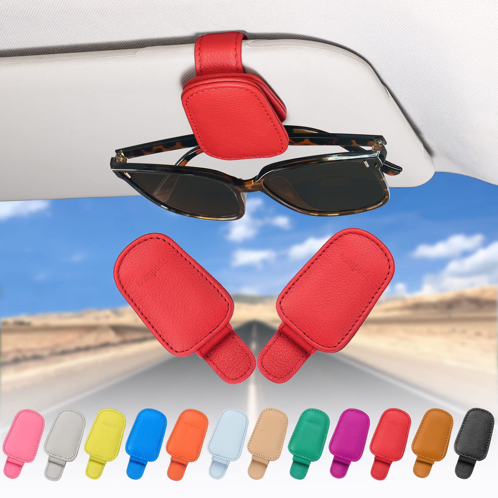 quipuda 2 Pack Brillenhalter für Auto Sonnenblende,Echt Leder Auto Visier Zubehör Sonnenbrillen Halterung Magnetische Sonnenbrillenhalter Ticket Clip（Rot） von quipuda