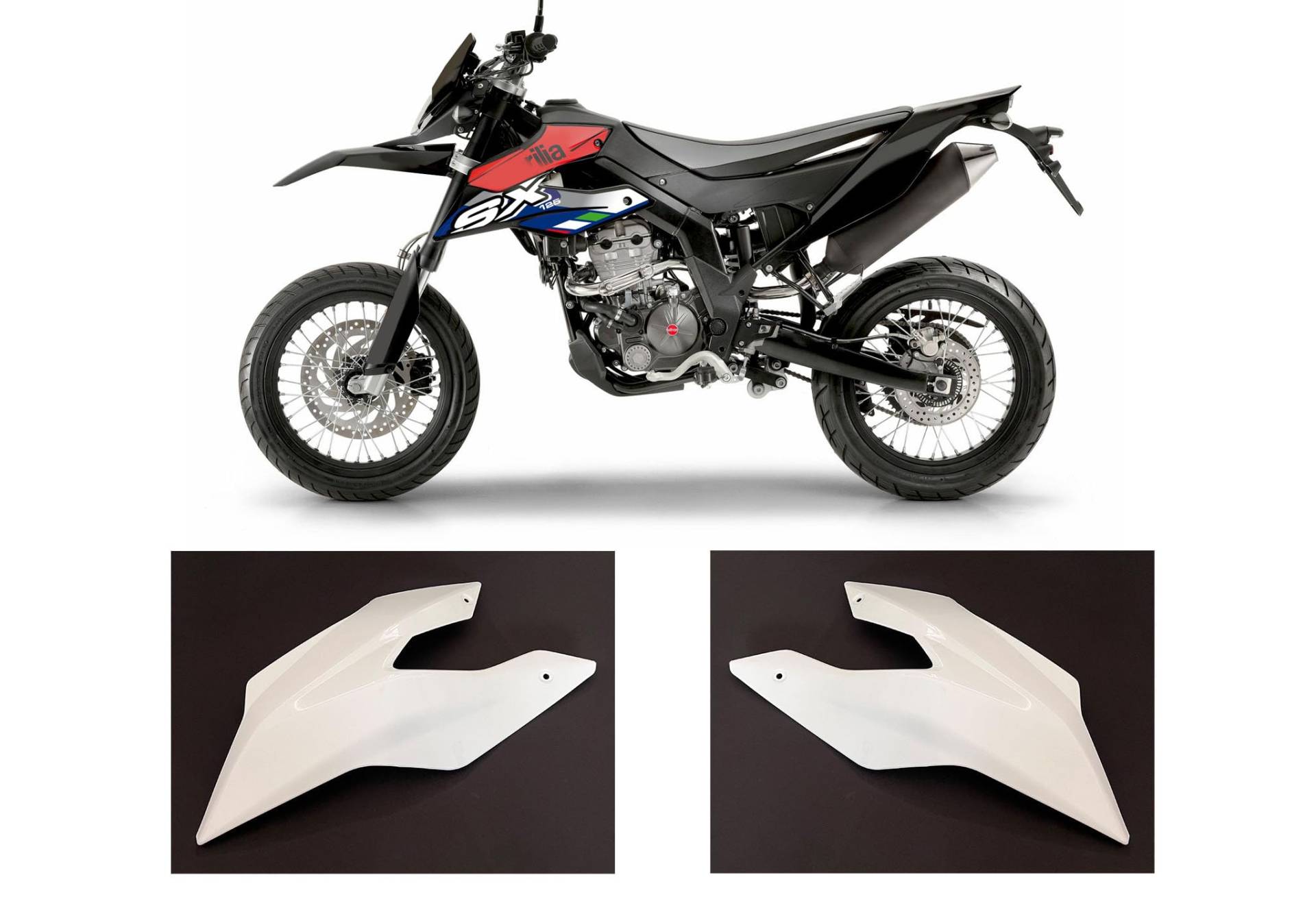 Plastik Verkleidung Spoiler weiß mit/ohne race-styles Dekor Aufkleber passend für Aprilia SX 125 2018 bis 2024 (Tankverkleidung rechts und Links Weiss mit Aufkleber Design 01) von race-styles