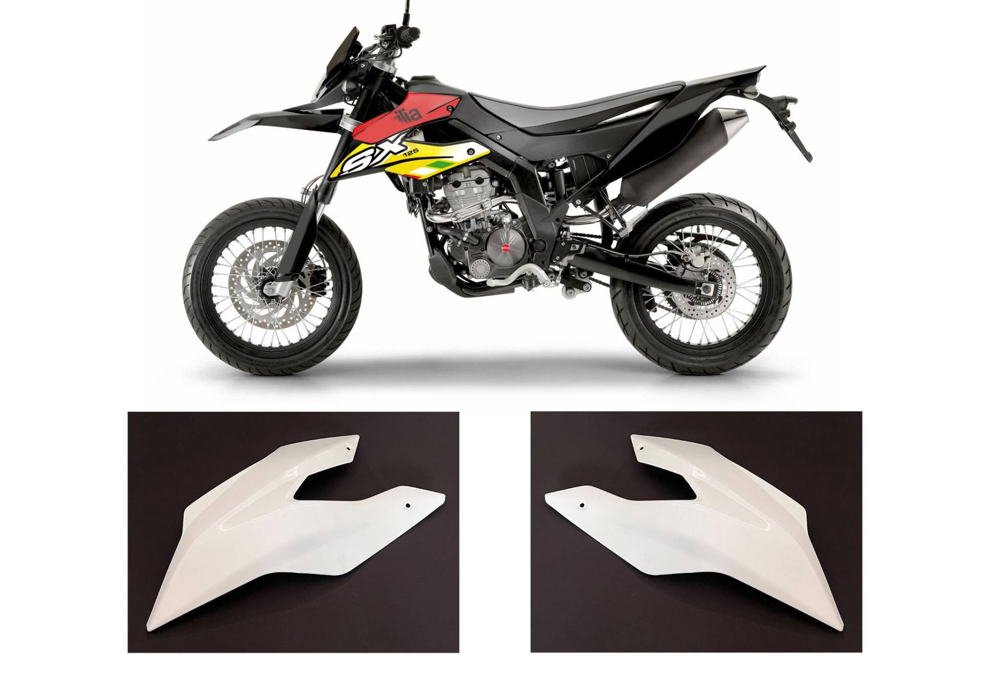 Plastik Verkleidung Spoiler weiß mit/ohne race-styles Dekor Aufkleber passend für Aprilia SX 125 2018 bis 2024 (Tankverkleidung rechts und Links Weiss mit Aufkleber Design 03) von race-styles