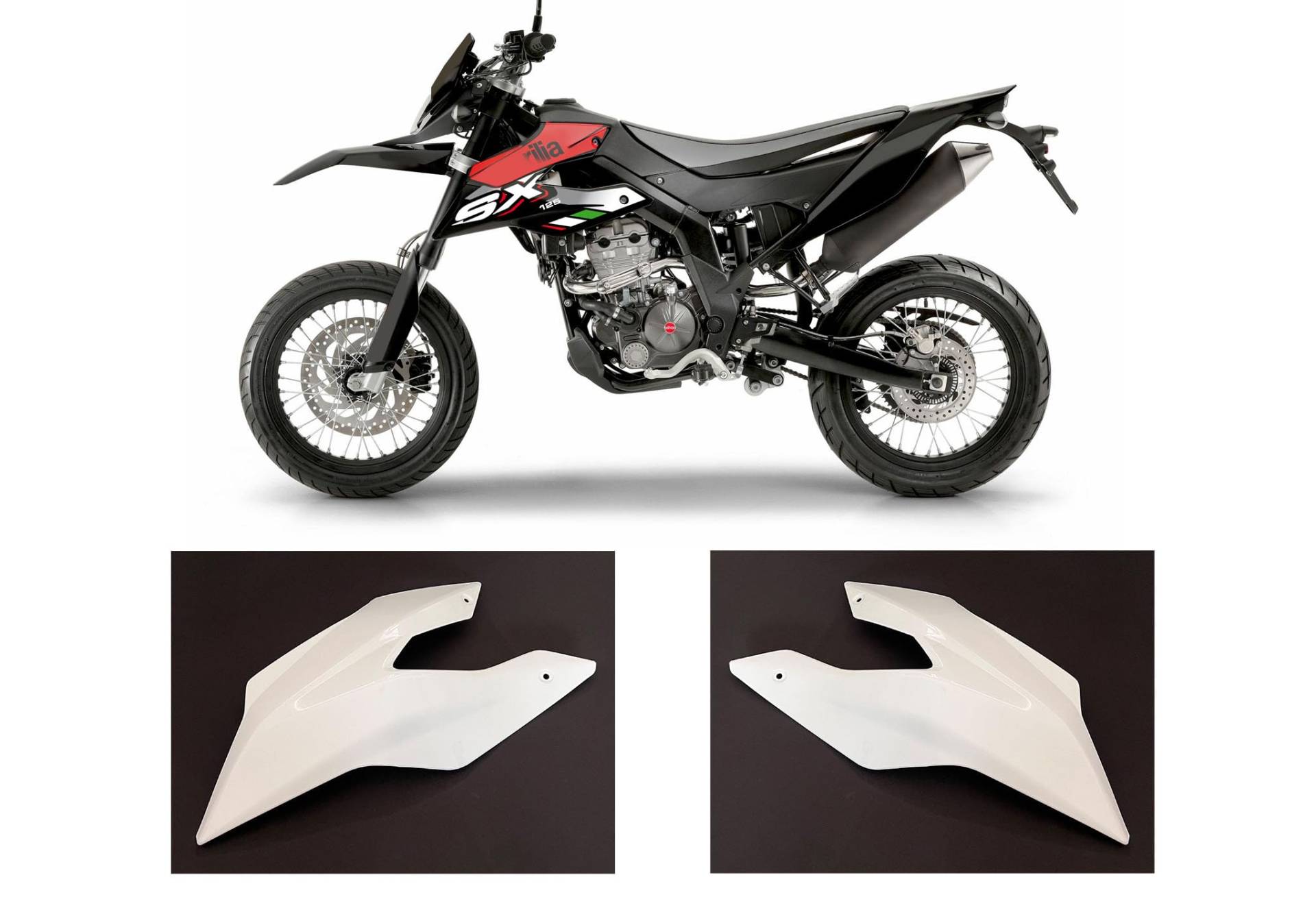 Plastik Verkleidung Spoiler weiß mit/ohne race-styles Dekor Aufkleber passend für Aprilia SX 125 2018 bis 2024 (Tankverkleidung rechts und Links Weiss mit Aufkleber Design 04) von race-styles