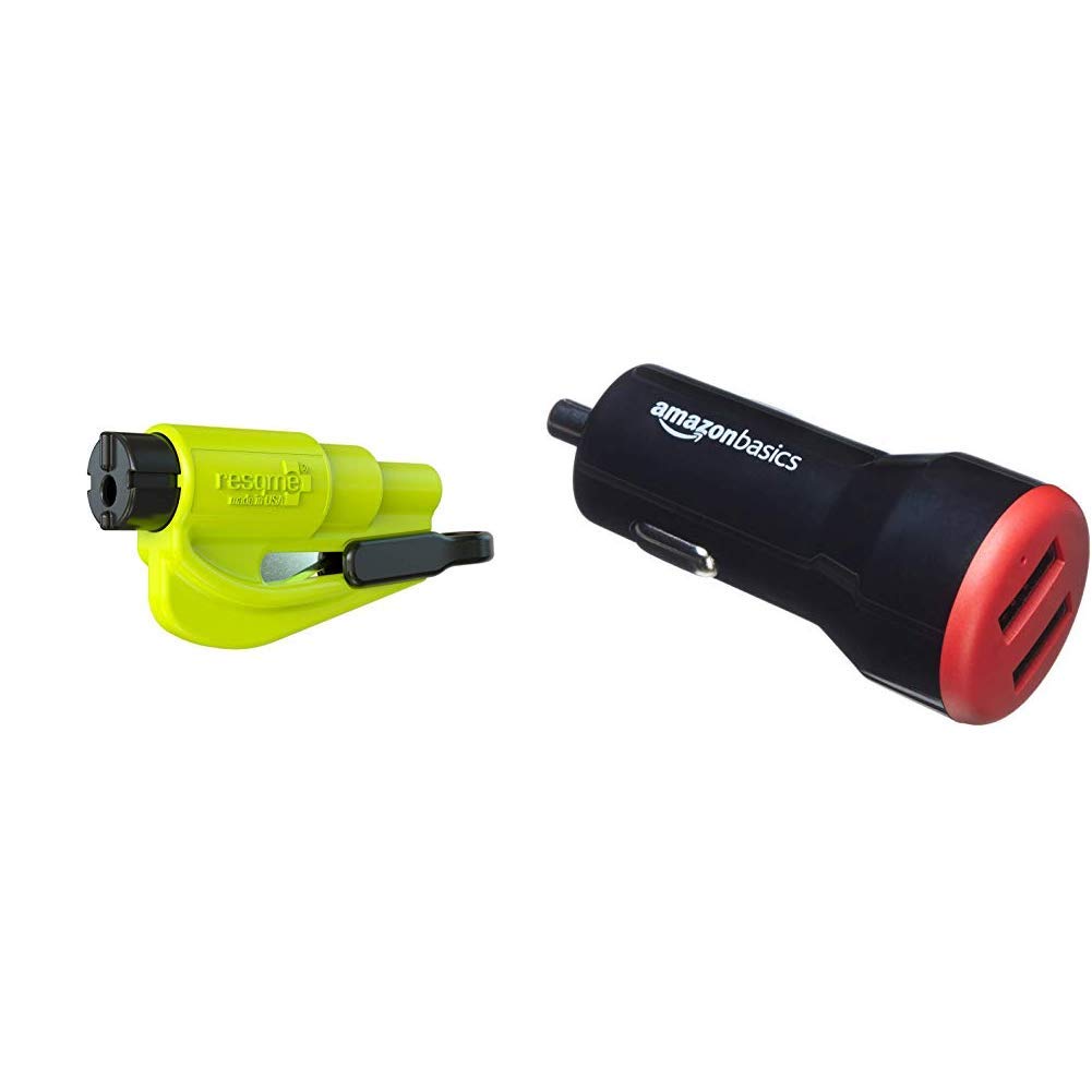 Resqme GBO-RQM-YELLOWFLUO Das Rettungswerkzeug als Schlüsselanhänger, Gelb (Safety Yellow), 1er-Set AmazonBasics - Kfz-Ladegerät für Apple- & Android-Geräte, USB-Anschluss: 2 Eingänge, 4,8 Ampere / 24 W, Schwarz / Rot von resqme