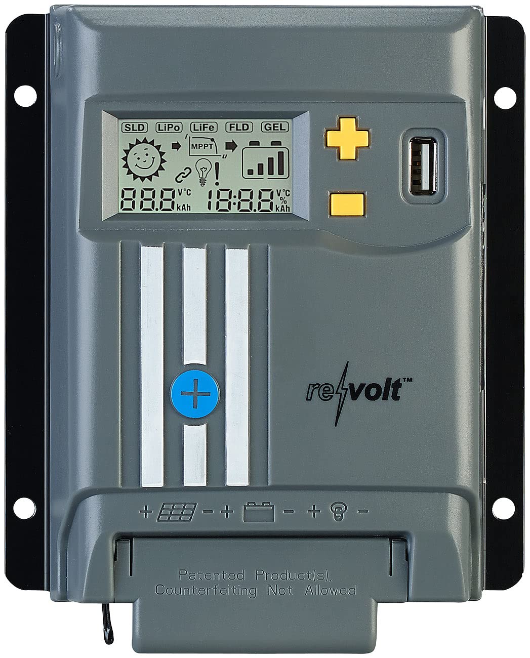 revolt MPPT Solarregler: MPPT-Solarladeregler für 12/24-V-Batterien, Display, USB-Port, 10 A (MPPT Solar, Solar-Laderegler USB, Autobatterie Statusanzeige) von revolt