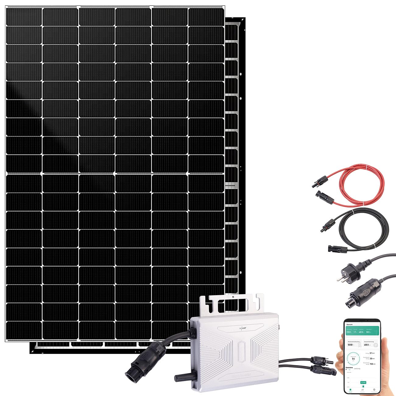 revolt Solar-Inverter MPPT: Solar-Set: WLAN-Mikroinverter + 440-W-Glas-Glas-Solarmodul + Kabel (Solar Generator Balkon, Solarzelle Balkon) von revolt