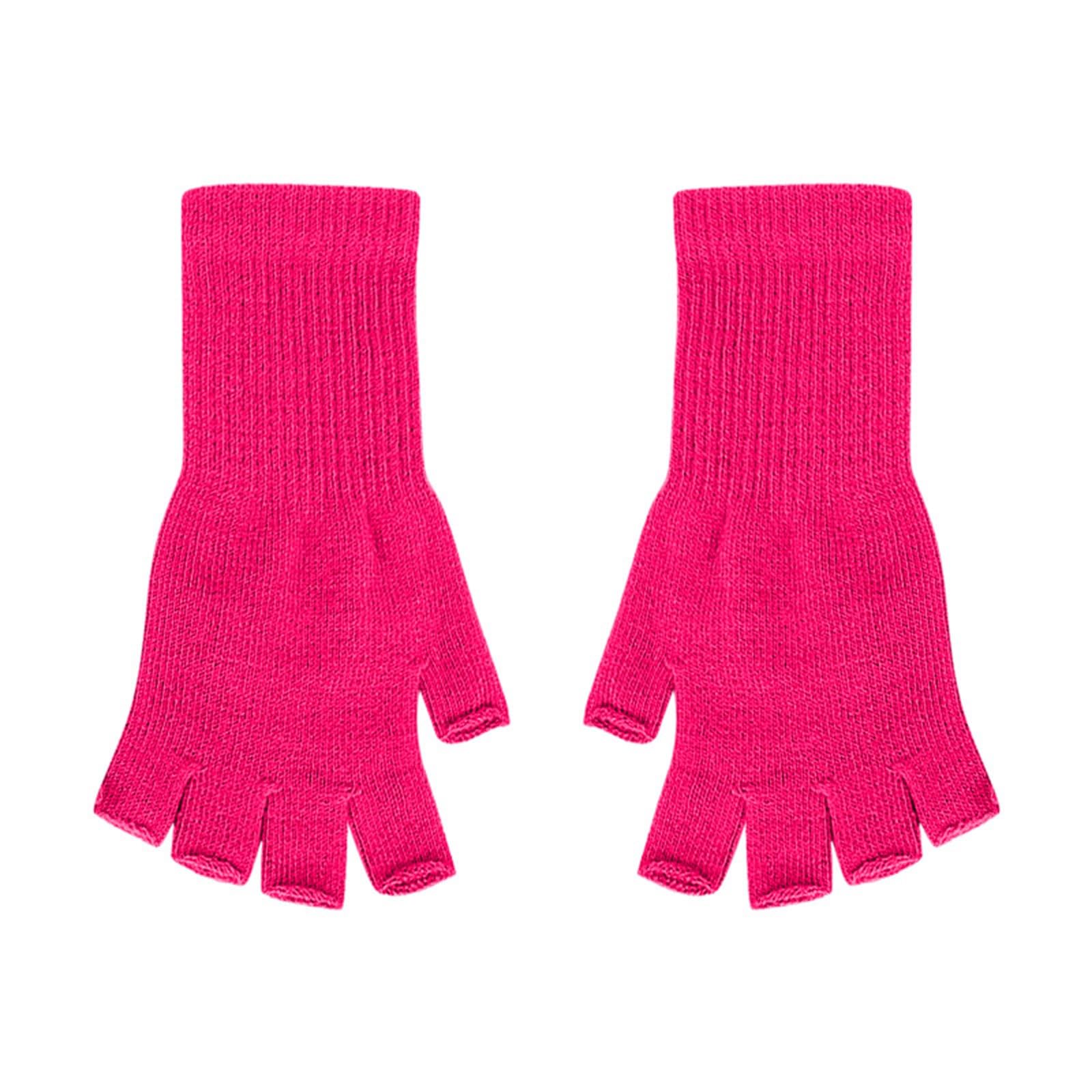 riou Latex Anzug Mit und Winter, einfarbig, modisch, Acryl, langärmelig, lange Rippe, halber Finger, warme Kleidung, lange Strickhandschuhe Echt Ohrringe Frauen (Hot Pink, One Size) von riou