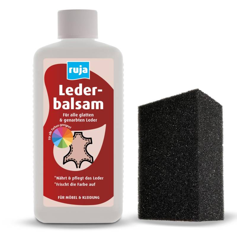 ruja Lederbalsam 500 ml inkl. Pflegeschwamm - farblose Lederpflege für alle glatten und genarbten Leder, Autositze, Möbel, Kleidung, Schuhe von ruja