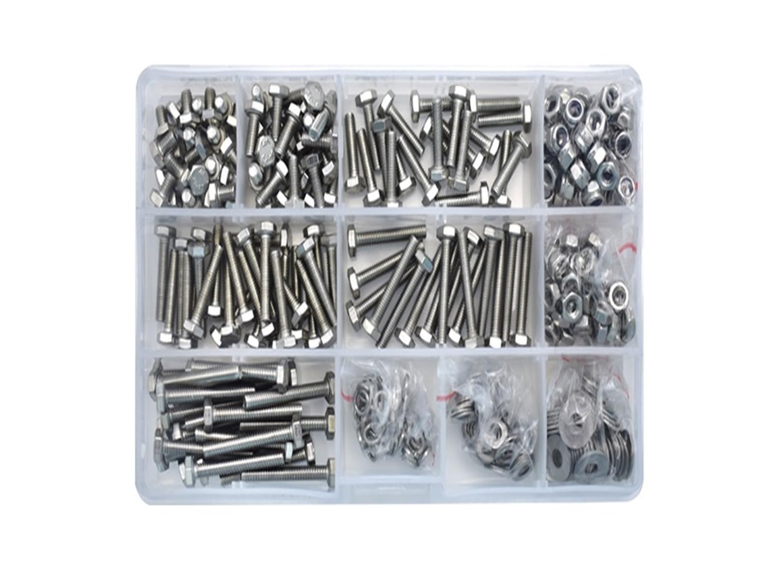 runhuabaihuo M6 M8 M10 Metrisches Bolzen-, Muttern- und Unterlegscheiben-Sortiment-Kit 304 Edelstahl/farbiges Zink Sechskantschrauben mit flachem Federverschluss-Abstandshalter-Set(M4(390PCS)) von runhuabaihuo