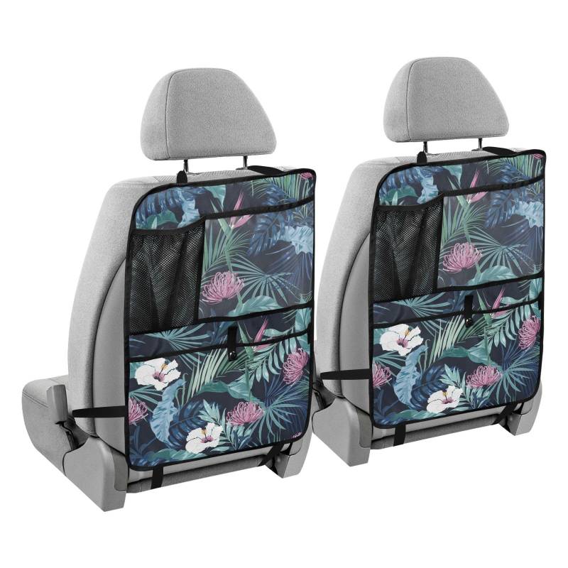 Auto-Rücksitz-Organizer für das Auto für Tablet, Rücksitz, Auto-Organizer, Kinder-Trittmatte mit Tasche, tropische dunkle Blätter, Blumen von sanluoli