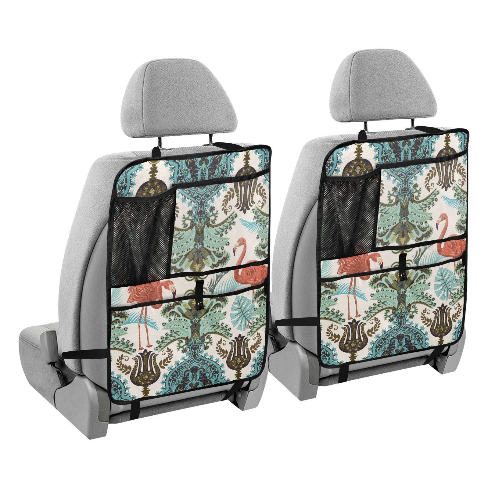 Autositz-Organizer mit Tablet, hält Kinder-Auto-Rücksitz-Organizer für Kinder, Kick-Matte mit Taschen, Paisleymuster, Blume, ethnisch, Retro, Flamingos von sanluoli