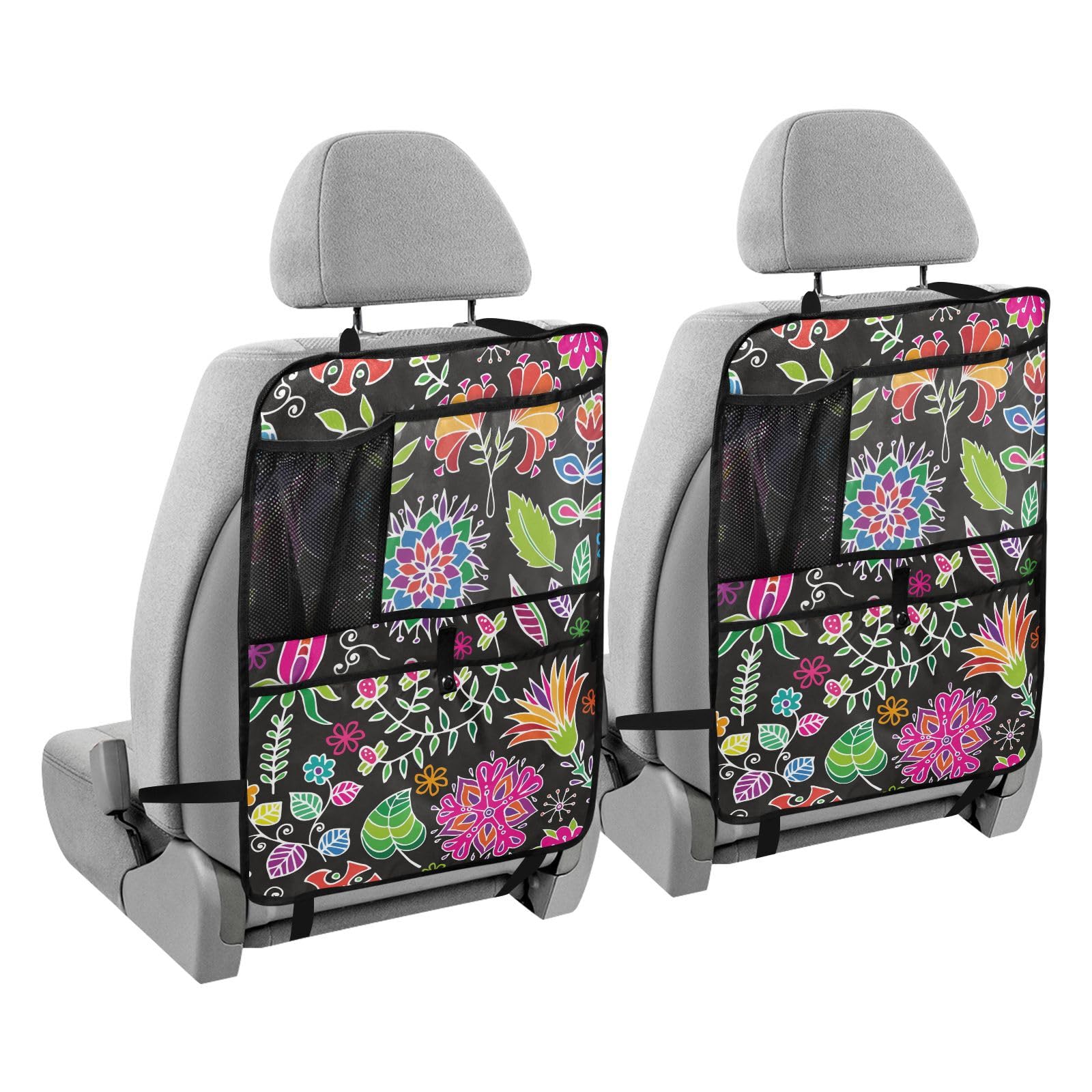 sanluoli Rücksitz-Autoschutz und Organizer für Tablet, Auto-Organizer für Kindersitz, Kick-Matte, Paisleymuster, Blume, ethnisch, bunt, Schwarz von sanluoli