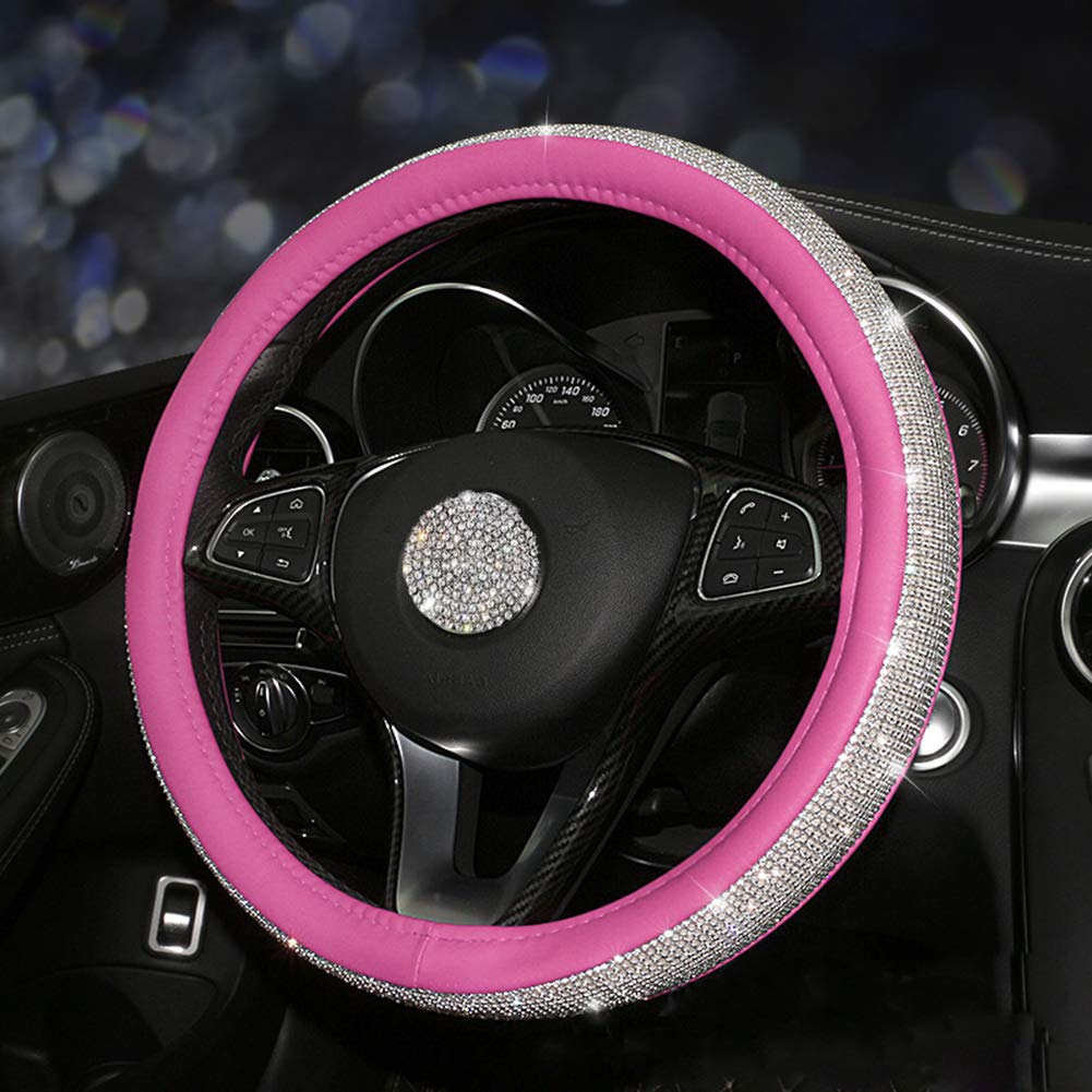 Bling Bling Lenkradbezug, Auto-Leder-Radabdeckung, glitzernden Lenkradabdeckung, Vollrhinestones, Auto-Dekor-Zubehör (Rosa) von unlockgift