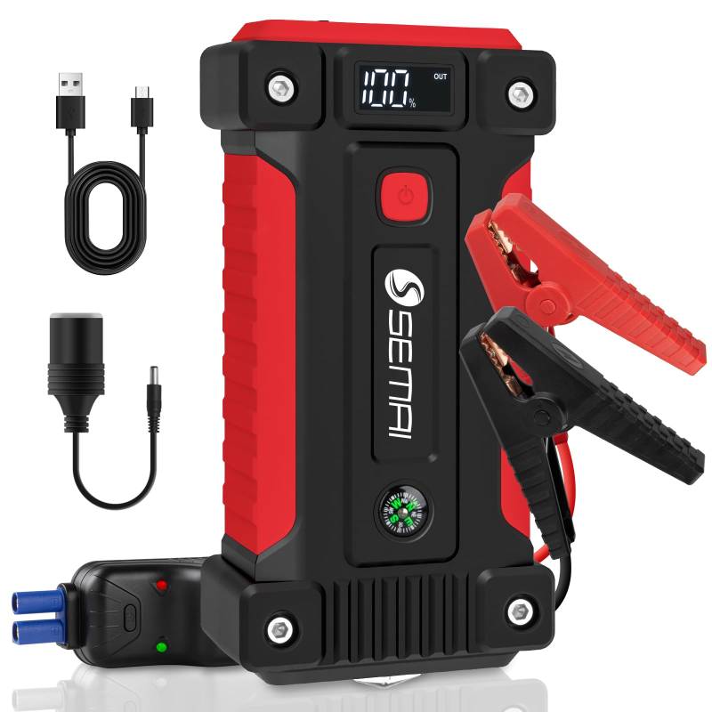 SEMAI 3000A Starthilfe Powerbank, 12V Auto Starthilfe, Tragbarer Batterie Booster Starter mit USB-Schnellladung, Geeignet für Benzin- und Dieselmotoren bis 8L, Mit LED-Licht und LCD-Display von semai