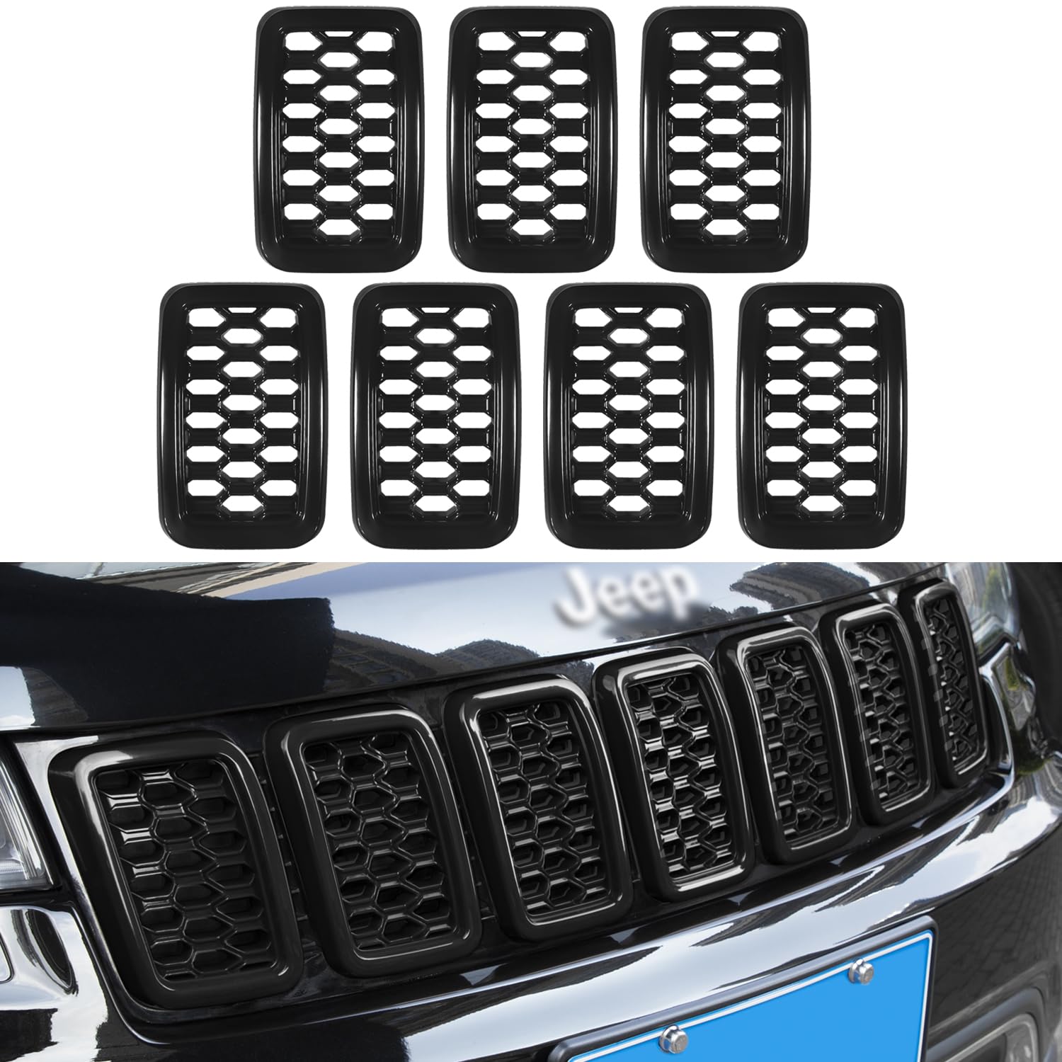 Schwarze Frontgrill-Einsätze, Ringabdeckungen, 7-teiliges Set für Jeep Grand Cherokee 2017, 2018, 2019, 2020, 2021, nicht passend für SRT, Trackhawk und Grand Cherokee L von sevencow