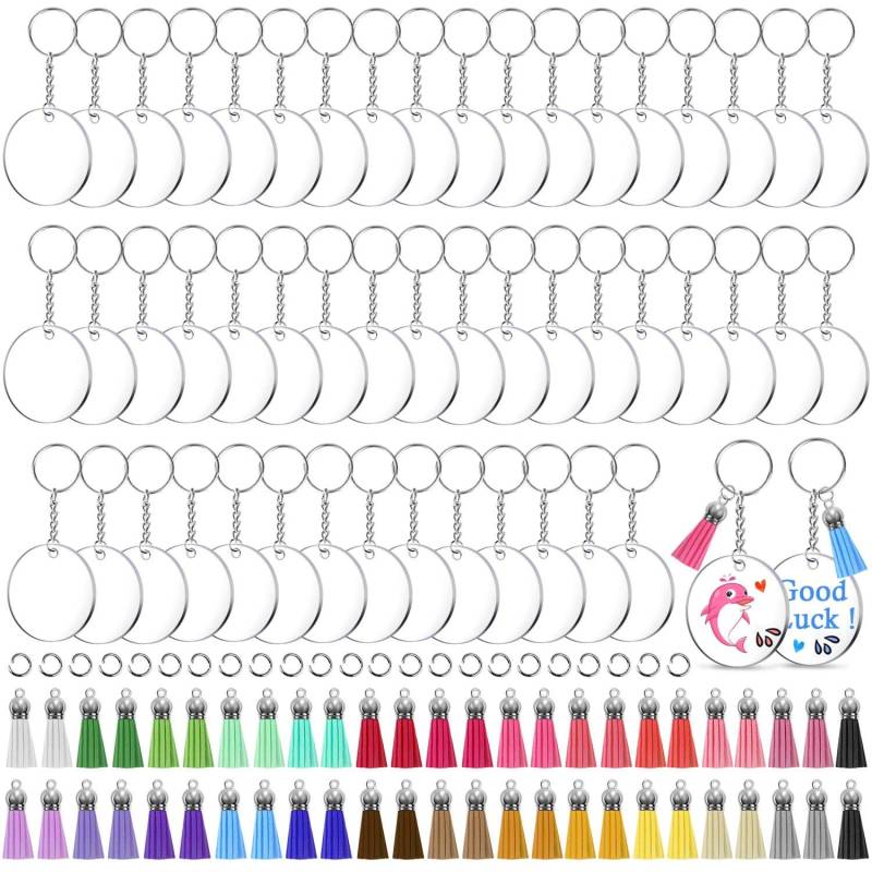shynek Schlüsselanhänger aus Acryl, transparent, für Vinyl, mit 50 Acryl-Rohlingen, 50 Schlüsselanhänger-Quasten, 50 Schlüsselanhänger mit Kette und 50 Biegeringe von shynek