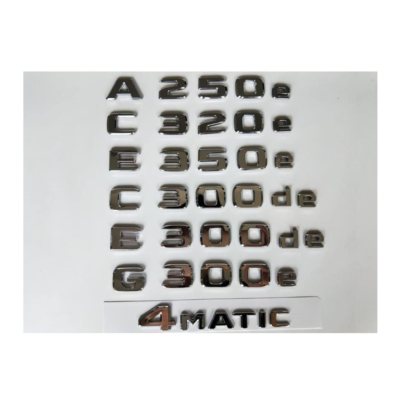 sibulv Chrom-Buchstaben-Embleme, passend for Mercedes Benz A250e B250e C300e C350e C300de C350de E300e E300de E350e E350de S580eL AMG 4MATIC Insignien(4MATIC) von sibulv