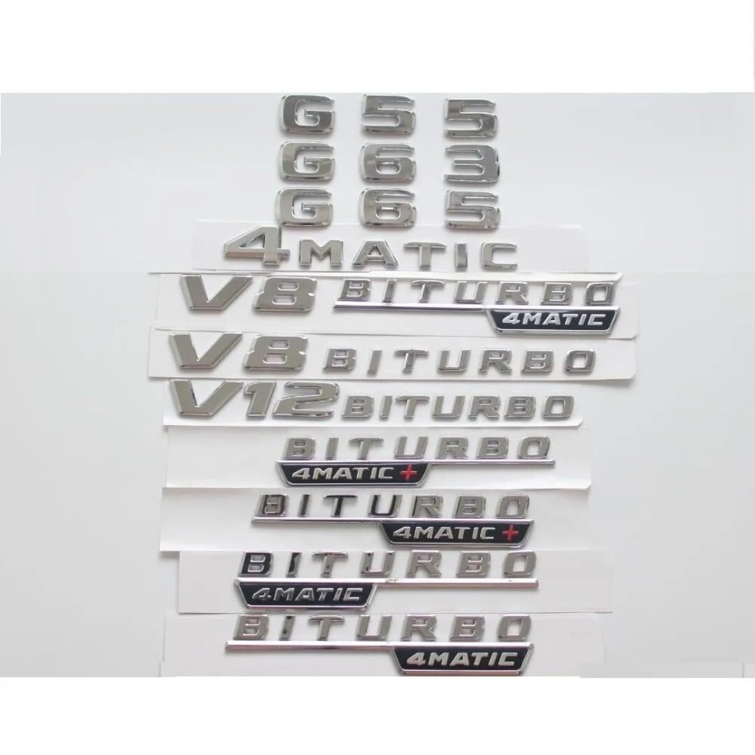 sibulv Flat Chrome Shiny Silver Rear Trunk Fender Letters Badges Emblems Sticker for G43 G63 G55 G65 V8 V12 BITURBO AMG 4MATIC (1pair V8 BITURBO,Chrome)(1pair BITURBO 4MATIC) von sibulv