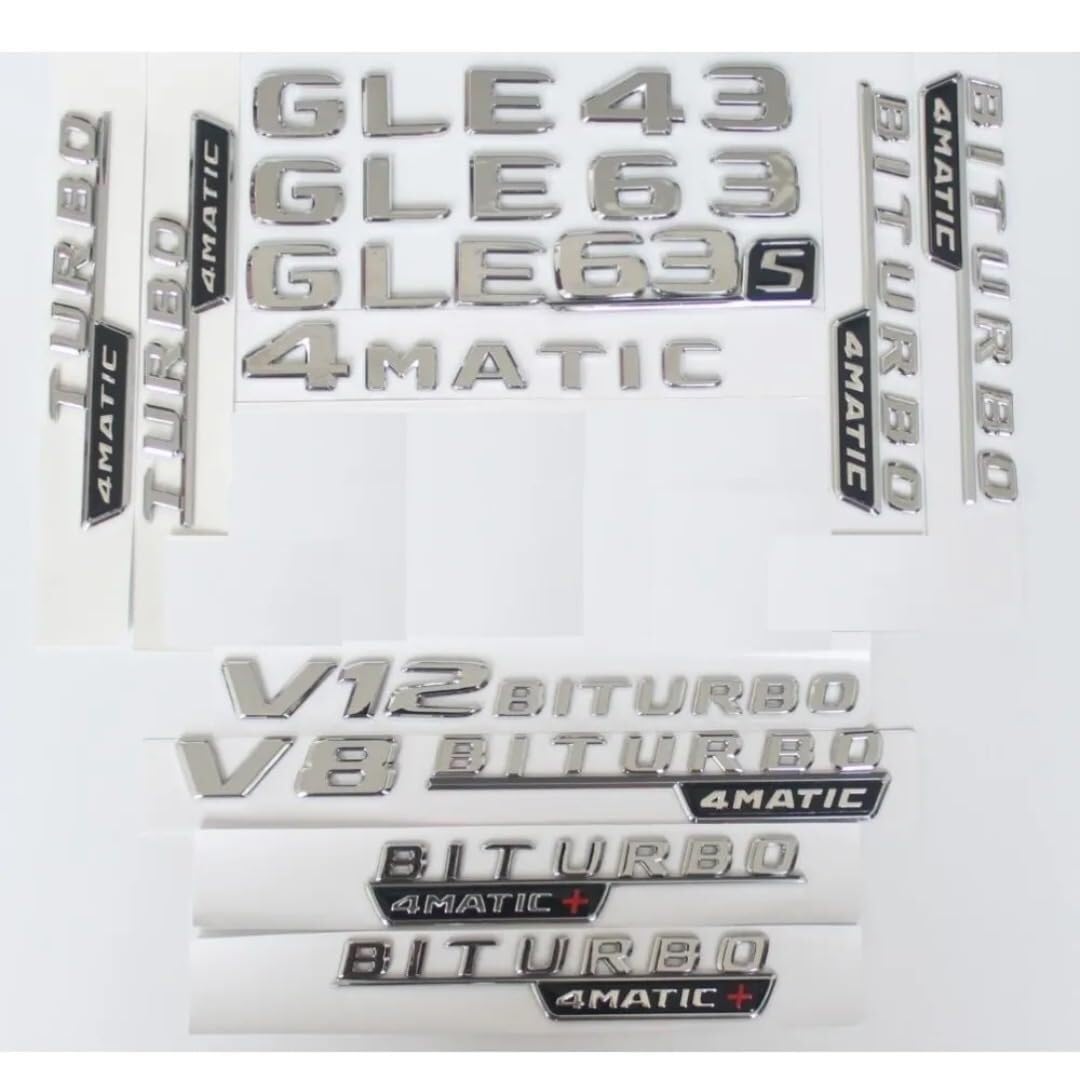 sibulv Flat Chrome Shiny Silver Trunk Letters Badge Emblems Sticker for GLE43 GLE63 V8 V12 BITURBO 4MATIC AMG (Chrome,AMG)(1pair BITURBO 4MATIC) von sibulv