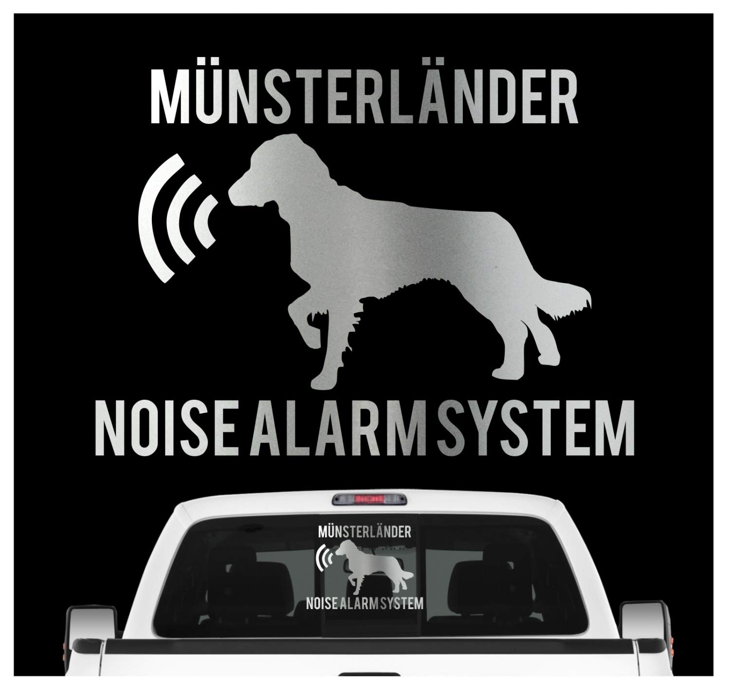 Münsterländer Noise Alarmsystem Auto Aufkleber Hund Folie Kleiner Großer Jagd Farbe Silber Metallic, Größe 10cm von siviwonder