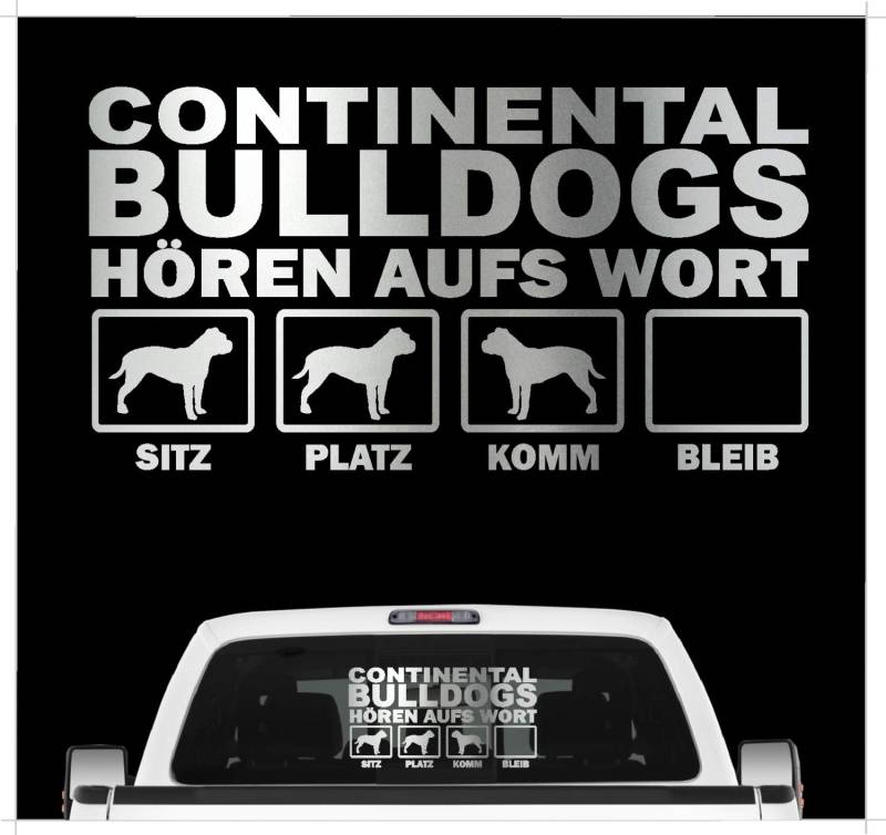 siviwonder Continental Bulldog Conti Bully Hört aufs Wort Hunde Auto Aufkleber Autoaufkleber Hund Folie Farbe Silber Metallic, Größe 45cm von siviwonder