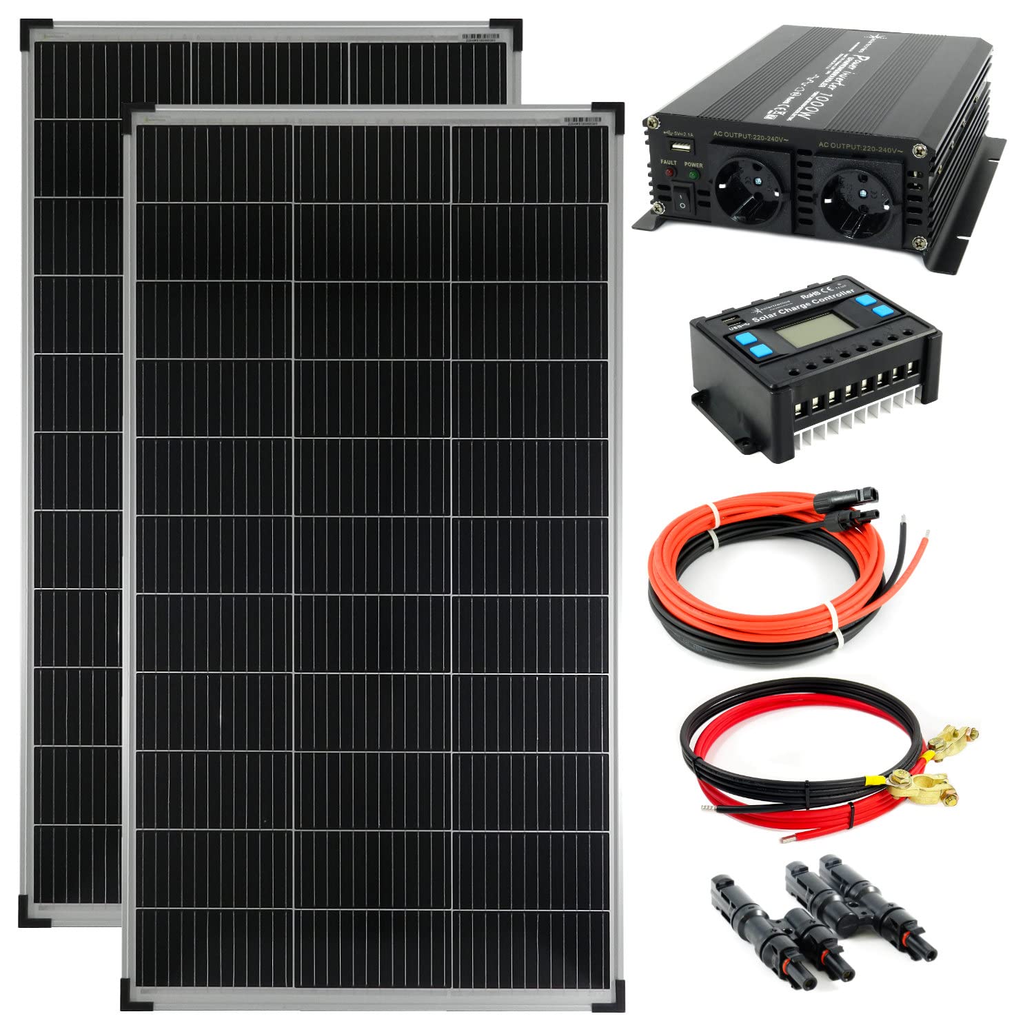 Komplettset 2x140 Watt Solarmodul 1000 Watt Wandler Laderegler Photovoltaik Inselanlage von solartronics