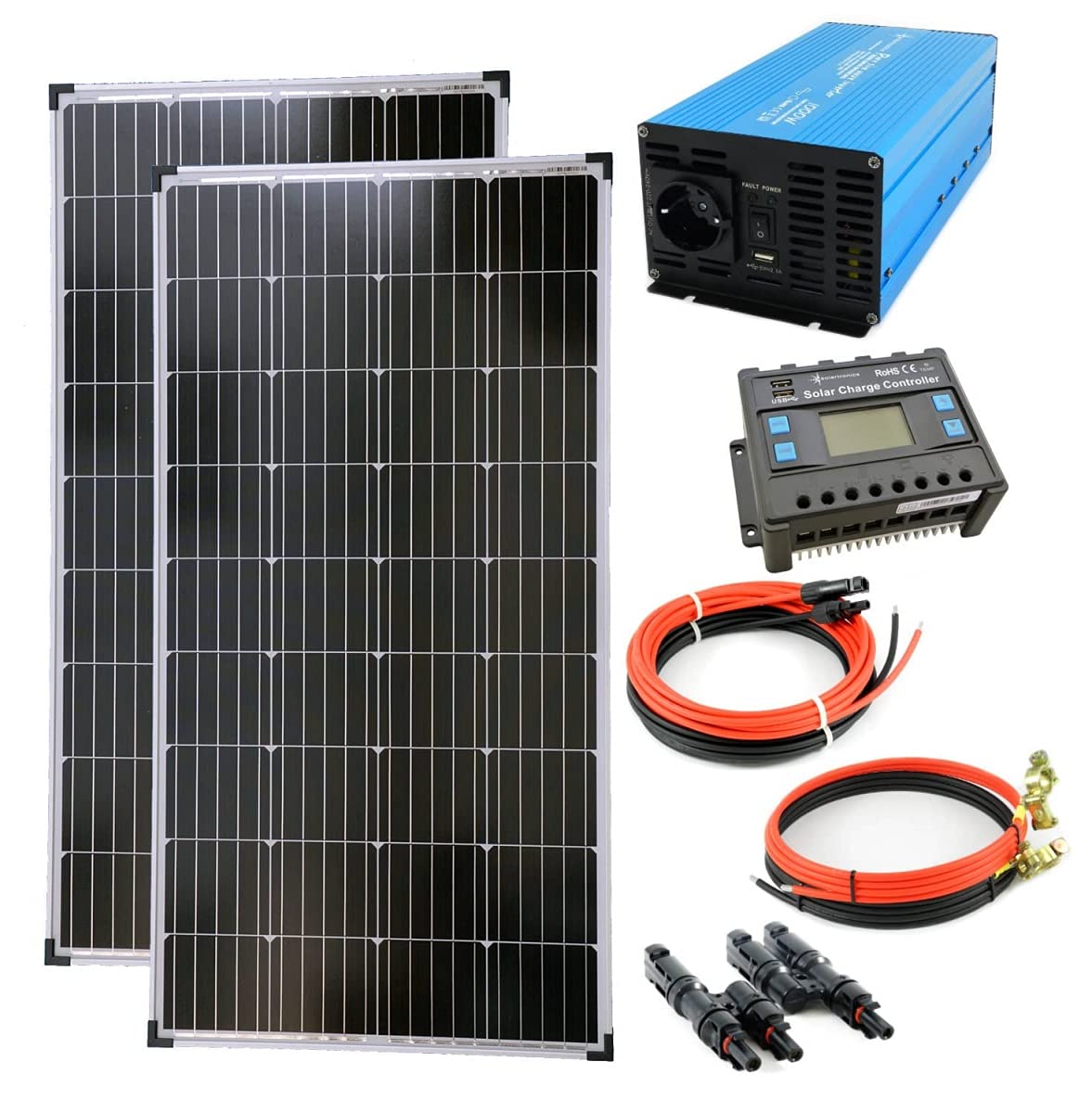 solartronics Komplettset 2x130 Watt Solarmodul 1000 Watt TS1000 reiner Sinus blau Spannungswandler Laderegler Kabel Photovoltaik Inselanlage von solartronics