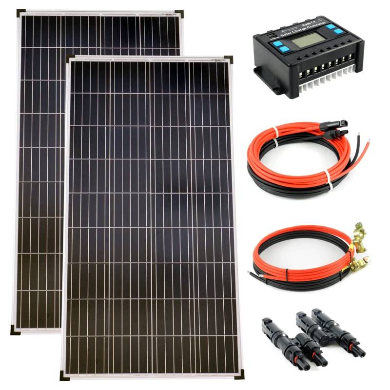 solartronics Komplettset 2x140 Watt Poly Solarmodul 20A Laderegler blau Solarkabel Solarstecker Photovoltaik Inselanlage von solartronics