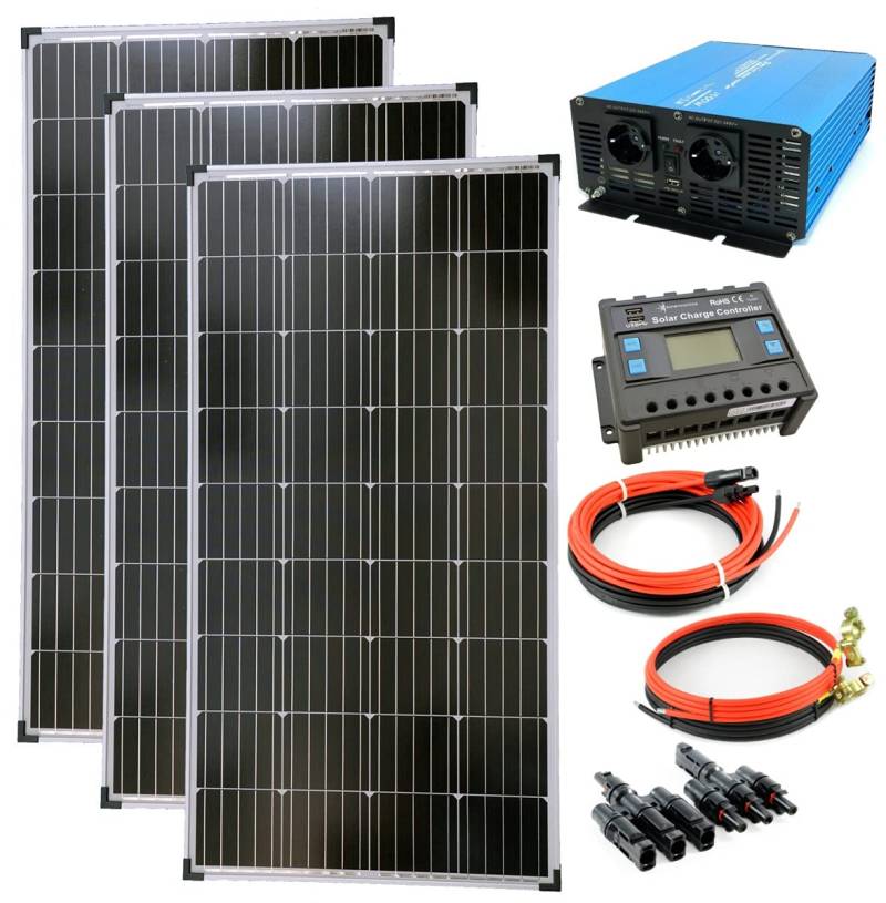 solartronics Komplettset 3x130 Watt Solarmodul 1500 Watt TS1500 reiner Sinus blau Spannungswandler Laderegler Kabel Photovoltaik Inselanlage von solartronics