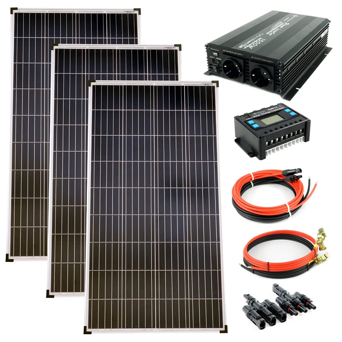 solartronics Komplettset 3x140 Watt Poly Solarmodul NM 1500 W Spannungswandler 30A Laderegler blau Photovoltaik Inselanlage von solartronics