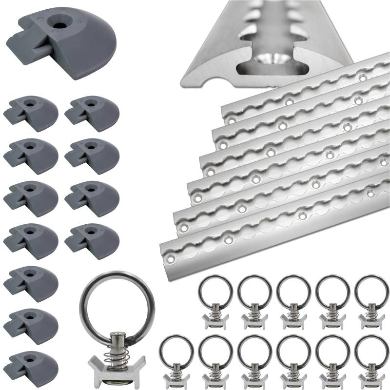 Airlineschiene halbrund Silber eloxiert 6X 1,0 Meter mit 12 Ösen und 12 Endkappen, Alu Zurrschiene robust, hohe Stabilität und Langlebigkeit, Anhänger, PKW, Camper, Wohnmobil von solidpro