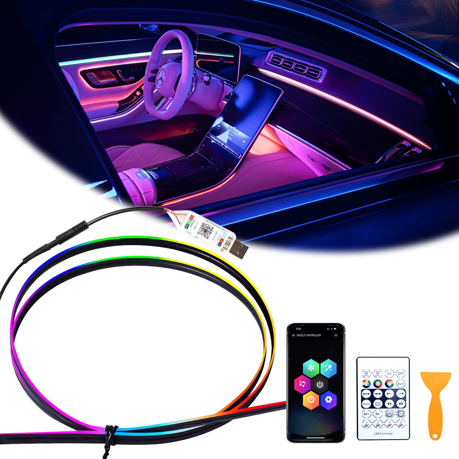 Acryl Auto LED Innenbeleuchtung, 110cm RGB Ambientebeleuchtung Auto Strip, 146LEDs Auto LED-Streifen mit USB und APP-Steuerung, Musik Sync, Geschwindigkeitsschaltung, Timing von songyea