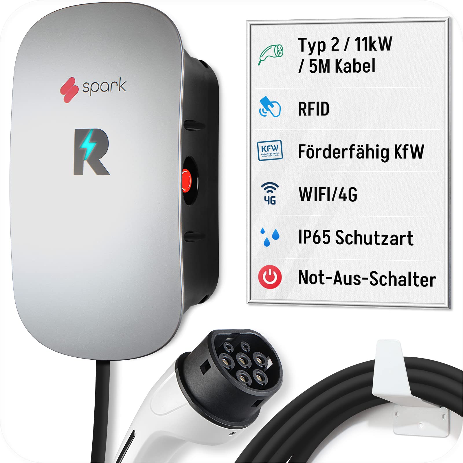 spark Smart Wallbox Revolution 11kw 16A Förderfähig KfW, Typ 2 mit 5m Kabel, 3 Phasiges Laden, Auto-Charge, RFID, App, WiFi & 4G, Not-Aus-Schalter, Ladestation, IP65, Silber von spark