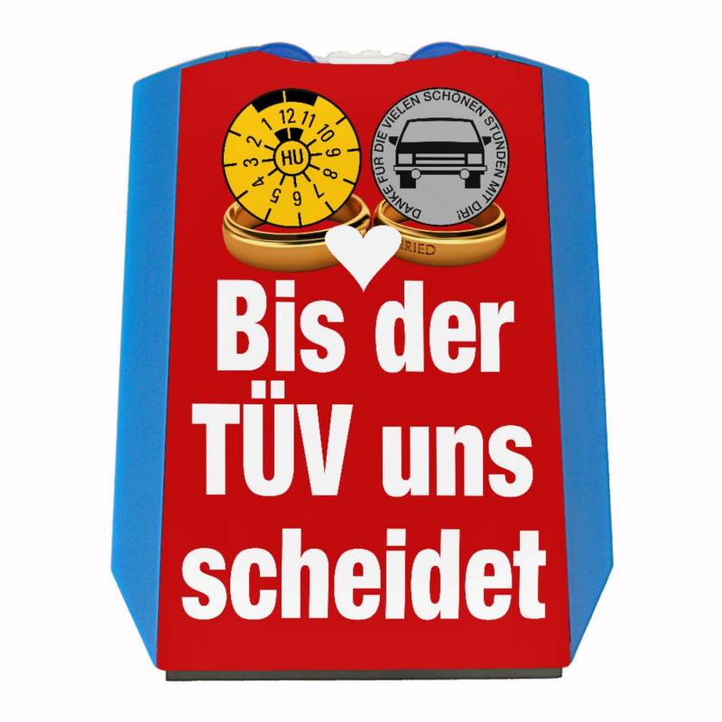 Bis der TÜV Uns scheidet Autoliebhaber Parkscheibe in rot Eiskratzer Wasserabstreifer und Einkaufswagen-Chips Oldtimer parken Autofahrer Parkplatz Liebe TÜV-Plakette von speecheese