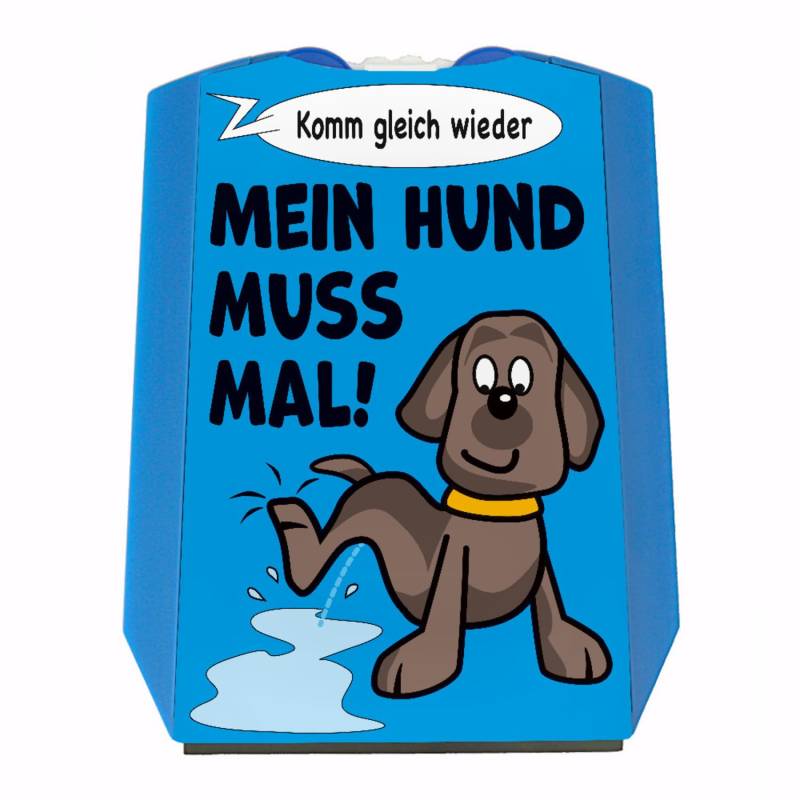 Hund muss mal! Parkscheibe in blau mit 2 Einkaufswagenchips mit pinkelndem Hund sowie Eiskratzer und Wasserabstreifer als lustiges Geschenk für Hundebesitzer von speecheese