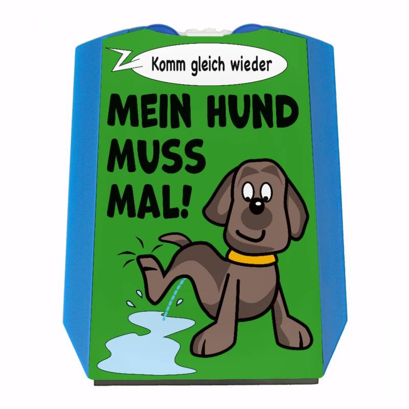 Hund muss mal! Parkscheibe in grün mit 2 Einkaufswagenchips mit pinkelndem Hund sowie Eiskratzer und Wasserabstreifer als lustiges Geschenk für Hundebesitzer von speecheese