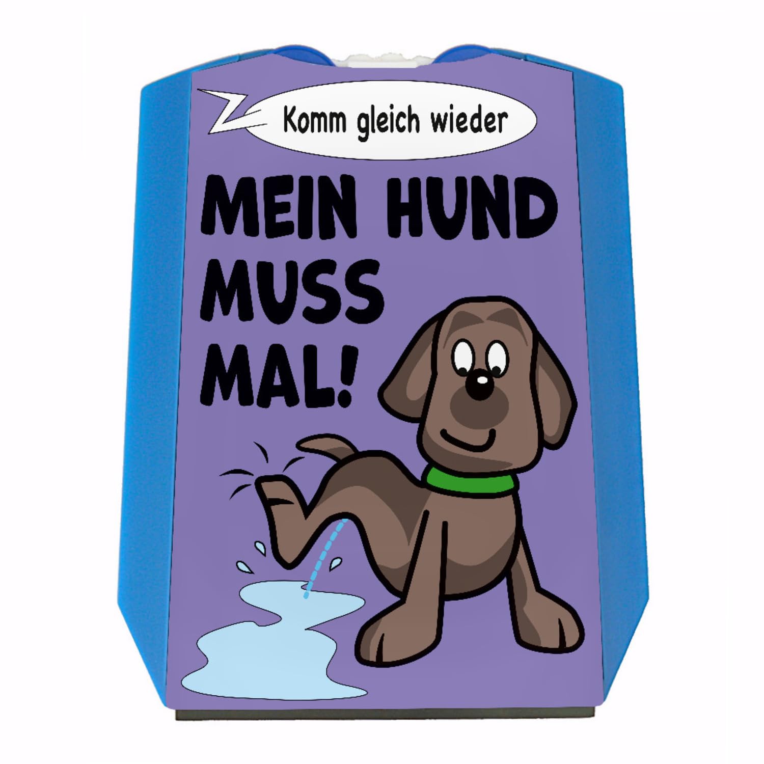 Hund muss mal! Parkscheibe in lila mit 2 Einkaufswagenchips mit pinkelndem Hund sowie Eiskratzer und Wasserabstreifer als lustiges Geschenk für Hundebesitzer von speecheese