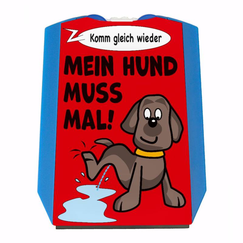 Hund muss mal! Parkscheibe in rot mit 2 Einkaufswagenchips mit pinkelndem Hund sowie Eiskratzer und Wasserabstreifer als lustiges Geschenk für Hundebesitzer von speecheese