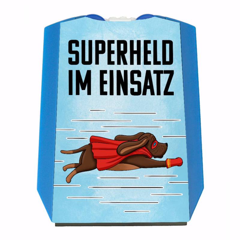 Superheld im Einsatz witzige Parkscheibe für Hundehalter mit Zwei Einkaufswagenchips lustiges Geschenk für Hundebesitzer Bedruckte Parkuhr mit StVO Zulassung von speecheese