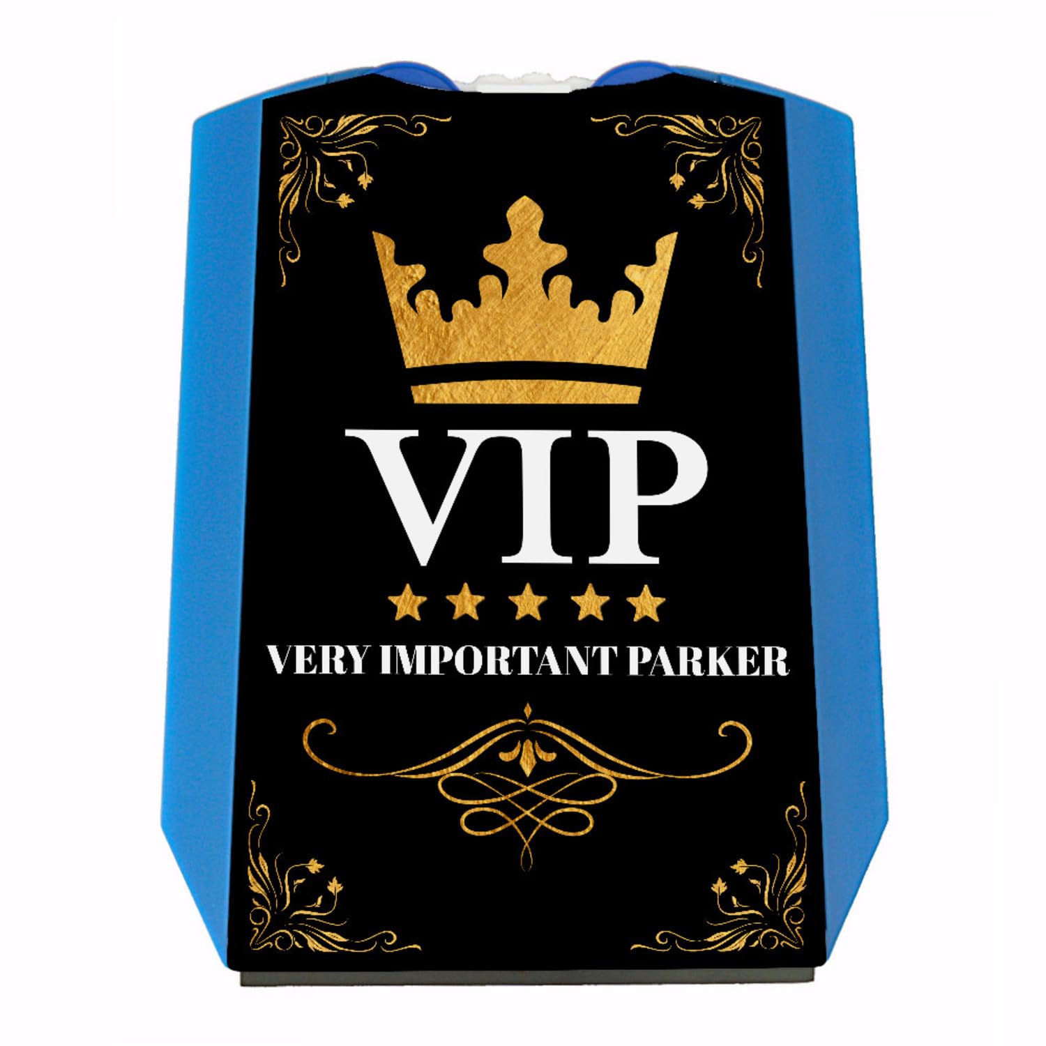 VIP Parkscheibe mit lustigem Spruch, edlen Motiven und 2 Einkaufswagenchips für very important Parker witzig auf dem Parkplatz beim Einkaufen König der Straße Krone Königin Vorderseite gemäß StVO von speecheese