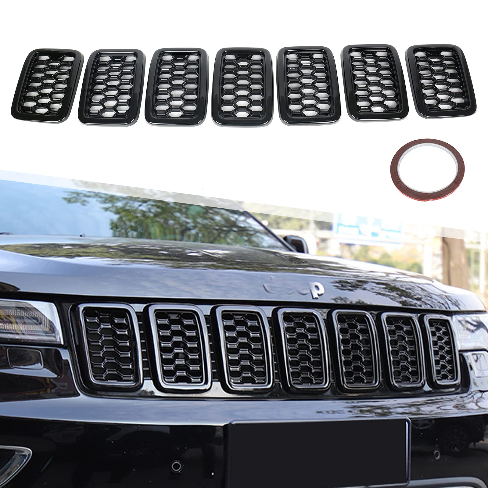 7 x schwarze Waben-Mesh-Frontgrill-Einsätze, Ersatz für Jeep Grand Cherokee 2017–2021 von sportuli