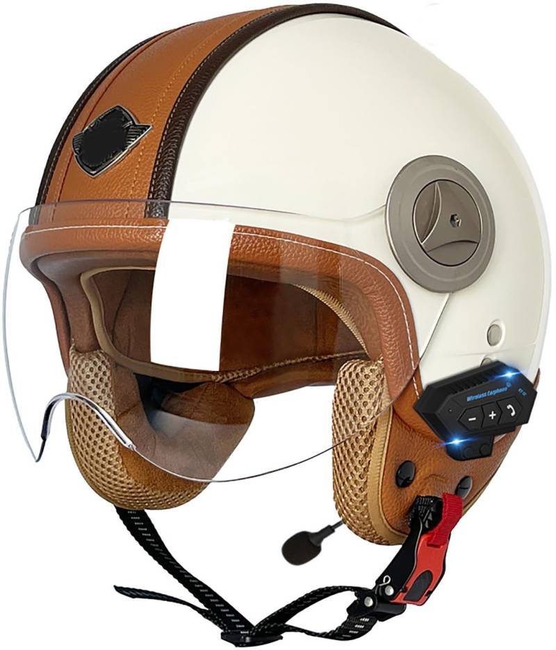 Bluetooth Motorradhelm Mit Sonnenblende Retro Motorrad Halbhelme Jethelm Halbschalenhelm Roller-Helm DOT/ECE-Zertifizierter Cruiser Scooter-Helm Schutzhelm Für Herren Und Damen 1,M=57-58CM von stdpcxz