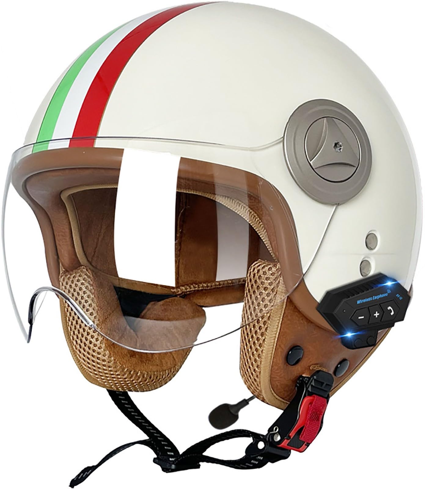 Bluetooth Motorradhelm Mit Sonnenblende Retro Motorrad Halbhelme Jethelm Halbschalenhelm Roller-Helm DOT/ECE-Zertifizierter Cruiser Scooter-Helm Schutzhelm Für Herren Und Damen 10,L=59-60CM von stdpcxz