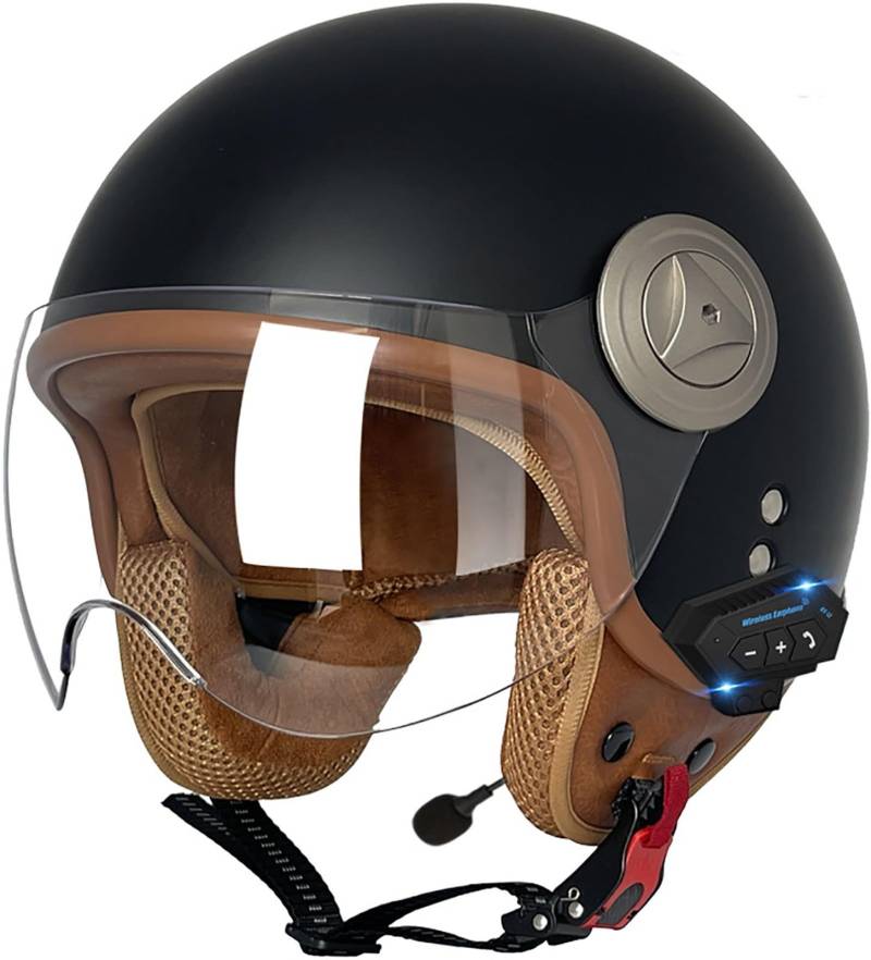 Bluetooth Motorradhelm Mit Sonnenblende Retro Motorrad Halbhelme Jethelm Halbschalenhelm Roller-Helm DOT/ECE-Zertifizierter Cruiser Scooter-Helm Schutzhelm Für Herren Und Damen 12,L=59-60CM von stdpcxz