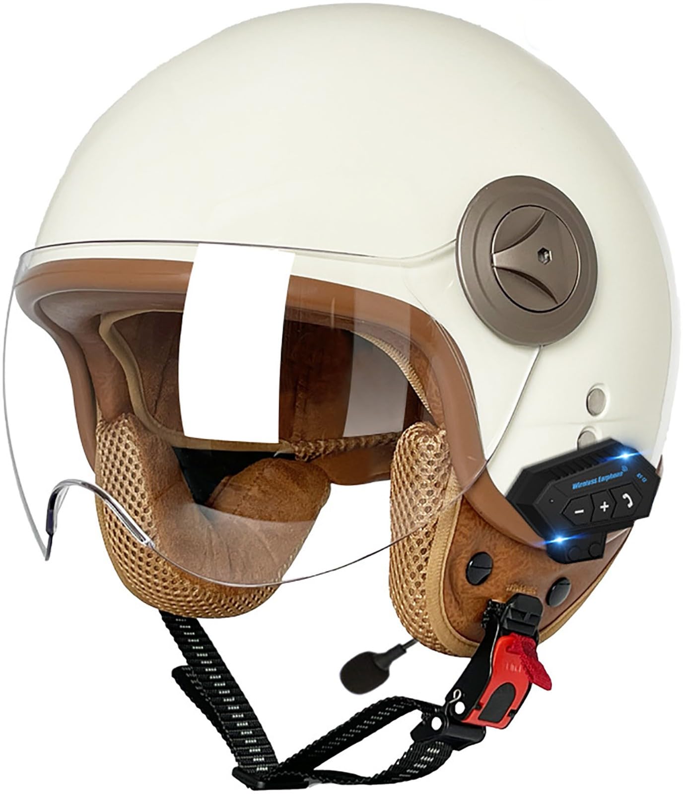 Bluetooth Motorradhelm Mit Sonnenblende Retro Motorrad Halbhelme Jethelm Halbschalenhelm Roller-Helm DOT/ECE-Zertifizierter Cruiser Scooter-Helm Schutzhelm Für Herren Und Damen 15,XXL=63-64CM von stdpcxz