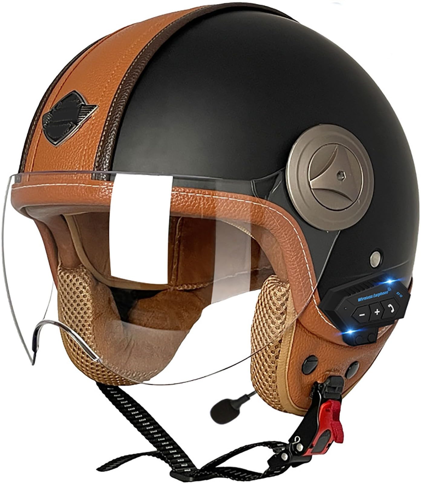 Bluetooth Motorradhelm Mit Sonnenblende Retro Motorrad Halbhelme Jethelm Halbschalenhelm Roller-Helm DOT/ECE-Zertifizierter Cruiser Scooter-Helm Schutzhelm Für Herren Und Damen 2,XL=61-62CM von stdpcxz