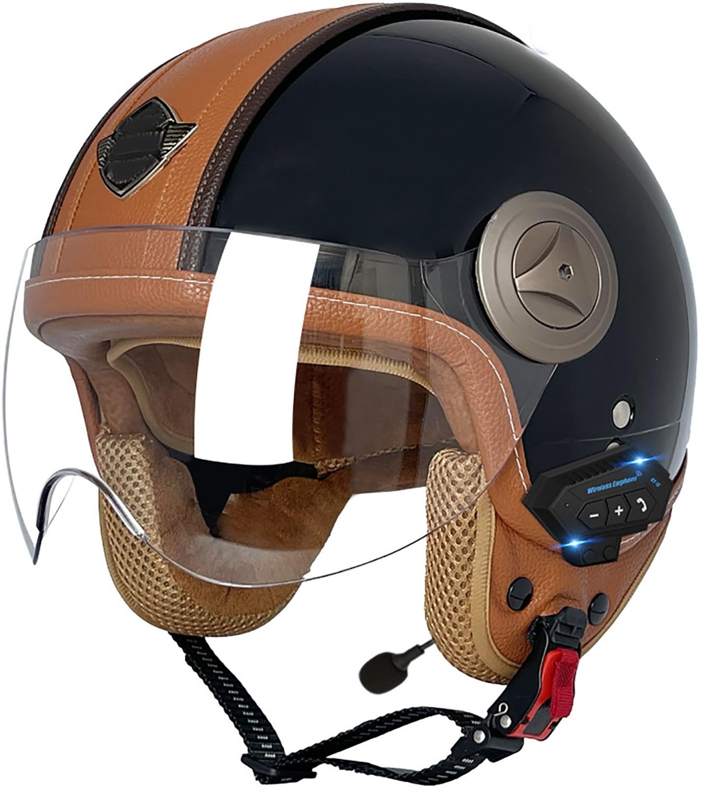 Bluetooth Motorradhelm Mit Sonnenblende Retro Motorrad Halbhelme Jethelm Halbschalenhelm Roller-Helm DOT/ECE-Zertifizierter Cruiser Scooter-Helm Schutzhelm Für Herren Und Damen 3,XXL=63-64CM von stdpcxz