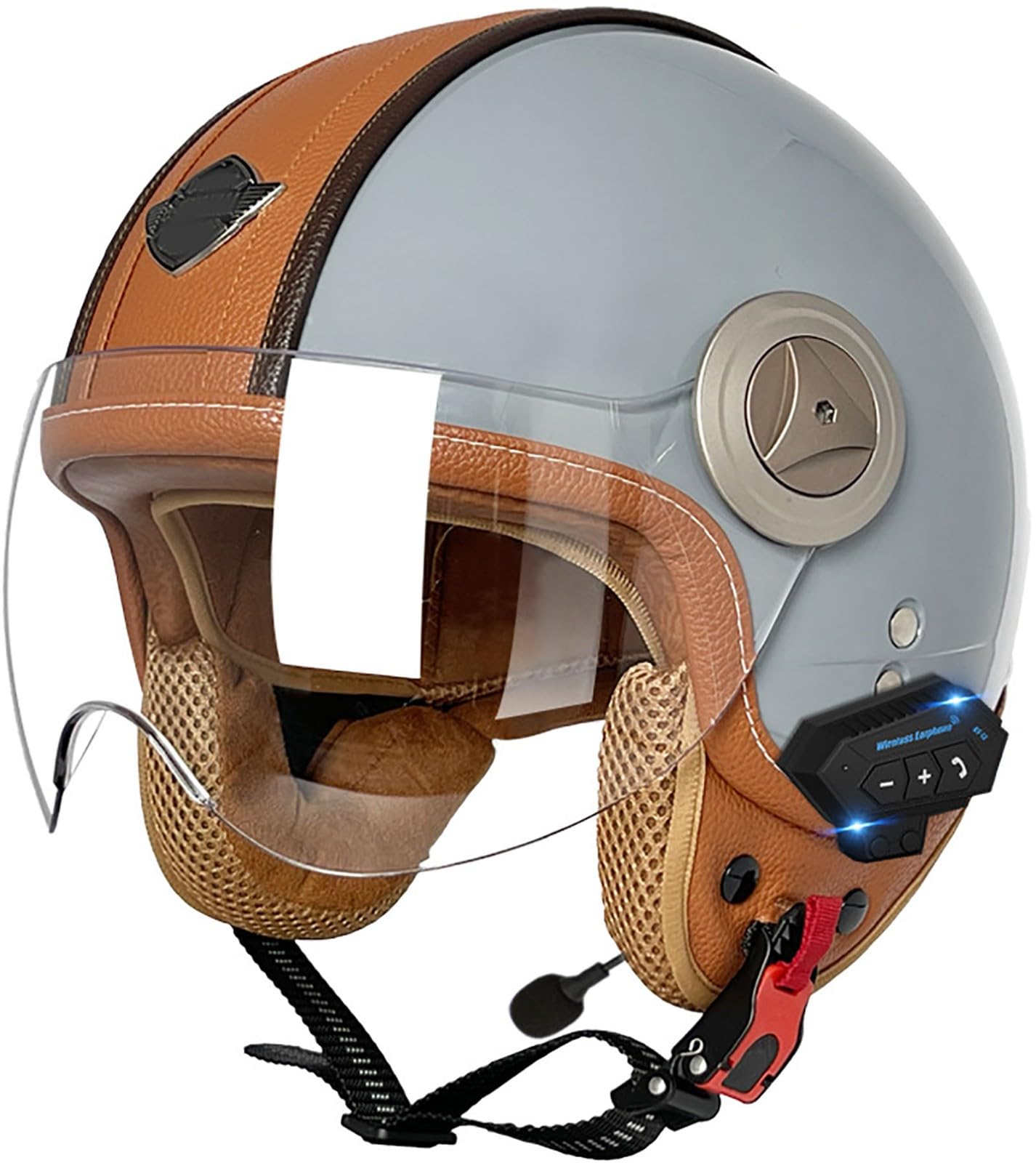 Bluetooth Motorradhelm Mit Sonnenblende Retro Motorrad Halbhelme Jethelm Halbschalenhelm Roller-Helm DOT/ECE-Zertifizierter Cruiser Scooter-Helm Schutzhelm Für Herren Und Damen 4,M=57-58CM von stdpcxz