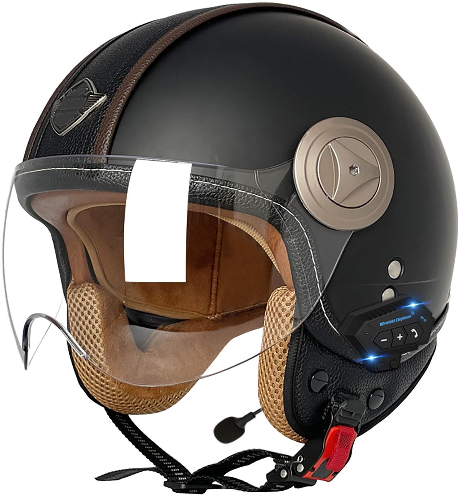 Bluetooth Motorradhelm Mit Sonnenblende Retro Motorrad Halbhelme Jethelm Halbschalenhelm Roller-Helm DOT/ECE-Zertifizierter Cruiser Scooter-Helm Schutzhelm Für Herren Und Damen 5,XL=61-62CM von stdpcxz