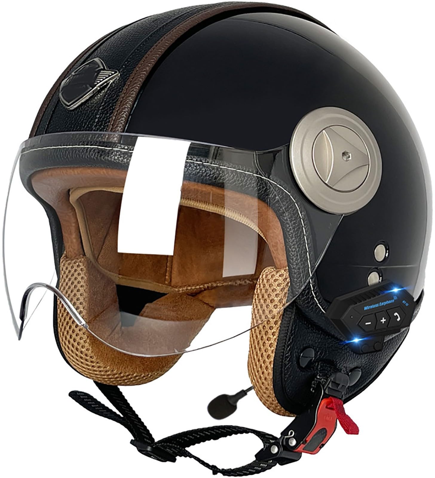 Bluetooth Motorradhelm Mit Sonnenblende Retro Motorrad Halbhelme Jethelm Halbschalenhelm Roller-Helm DOT/ECE-Zertifizierter Cruiser Scooter-Helm Schutzhelm Für Herren Und Damen 6,L=59-60CM von stdpcxz